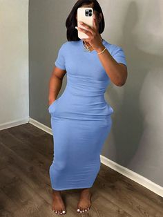 Plus Size Summer Casual Solid Color Bodycon Dress Blue Casual  Short Sleeve Knitted Fabric Plain Bodycon Slight Stretch  Women Plus Clothing, size features are:Bust: ,Length: ,Sleeve Length: Modest Bodycon Dress, Plus Size Summer Casual, Sukienki Plus Size, Plus Size Summer, Slim Fit Dresses, Vestido Casual, Dress Blue, Dress P, Plus Clothing