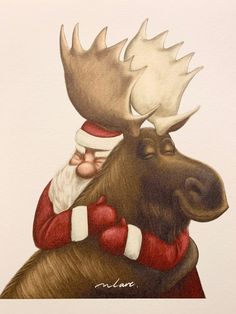 a drawing of a moose with a santa clause outfit on it's head and antlers