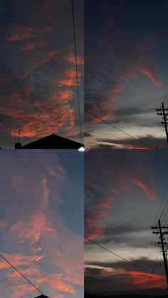 three pictures of the sky at different times of day and night with power lines in foreground