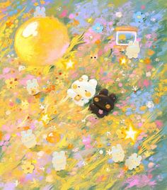 an oil painting of flowers and teddy bears in the grass next to a yellow ball