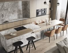 a modern kitchen with marble counter tops and wooden cabinets, along with bar stools