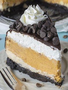 a piece of cake on a plate with a fork and chocolate chip cookie crust around it