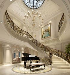 a grand piano sitting in the middle of a living room under a chandelier