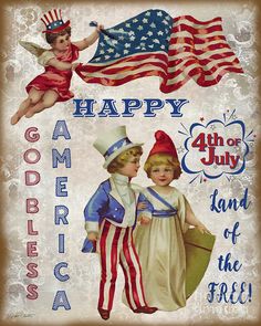 two children dressed in patriotic clothing with an american flag and the words happy 4th of july