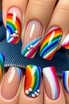 Rainbow Design On Nails, May Day Nails, Rainbow On Nails, Rainbow Fingernails, Rainbow Nail Design, Art Nails Design Ideas, Rainbow Nails Designs, Rainbow Nails Acrylic