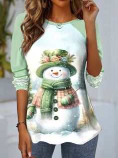 Shop Affordable Women T-shirts Spring/Fall T-shirt Long Sleeve Casual T-shirt Christmas Snowman T-shirt Loose Daily Crew Neck On Justfashinnow.com Casual Long Sleeve Christmas T-shirt, Casual Graphic Print Tops For New Year, Green Long Sleeve Holiday Top, Casual Green Holiday Tops, Casual Green Top For Holiday, Green Tops For Fall Holiday, Casual Green T-shirt For Winter, Casual New Year Tops, Casual Holiday Tops For New Year