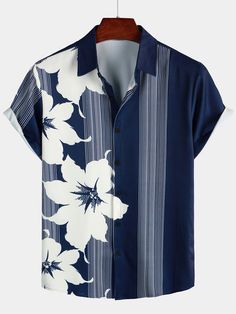 Men's Vertical Stripe Flower Print Vacation Navy Blue Hawaiian Vintage – Atlanl Timeless Clothes, Hawaiian Vintage, Beach Floral, Flower Print Shirt, Vintage Aloha, Chic Shirts, Vintage Hawaiian Shirts, Blue Hawaiian, Aloha Shirt