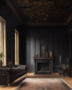 a living room filled with furniture and a fire place next to a large painting on the wall