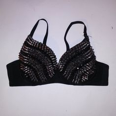 Love Culture Bra Large Black Silver Studded Pink Rock Star Underwire New With Tags *Bundle To Save Chavonne11 022123 Black Underwire Bra For Party, Black Bra For Club, Black Party Bra With Straps, Goth Bras, Silver Fitted Bra For Party, Tom Gates, Studded Bra, Rave Bra, Love Culture