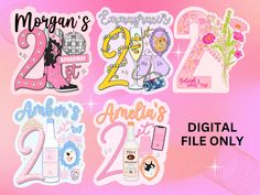 the number twenty two stickers are displayed on a pink background with flowers and other items