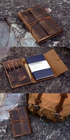 three different types of leather notebooks on top of a stone surface with one open and the other closed