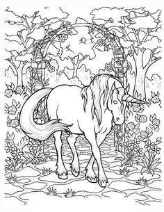 a horse standing in the woods with trees and flowers around it, coloring pages for adults