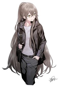 an anime character with long hair wearing a black jacket and grey pants, standing in front of