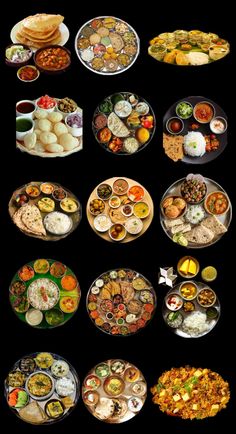 an array of different types of food on plates and pans, all with different toppings