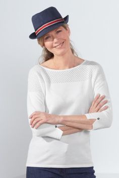 Pull femme laine blanc Made in france, avec empiècement ajouré. Collection B. Solfin Printemps-Ete 2017 Panama Hat, Fedora, Hats