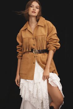 Our (fashion) North Star is pointing West toward all things country-chic. | Faux-Suede Fringe Jacket by Pilcro in Yellow, Women's, Size: XS, Polyester at Anthropologie Fringe Jacket Outfit, Suede Jacket Outfit, Suede Jacket Women, Suede Fringe Jacket, Faux Suede Jacket, Fringe Jacket, Jacket Outfit, Women's Jackets, Suede Fringe