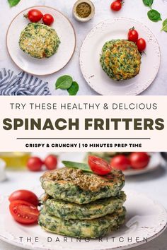 spinach fritters with tomatoes and basil on the side