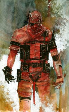 a watercolor painting of a man in red and black with his hands on his hips