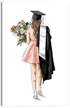 a drawing of a girl in graduation gown holding flowers and a diploma cap on her head