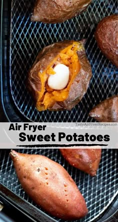 air fryer sweet potatoes in the oven with text overlay that reads, air fryer sweet potatoes