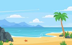 a tropical beach scene with palm trees, rocks and the ocean