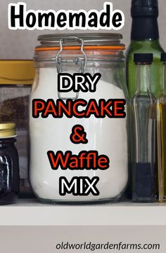 homemade diy pancake and waffle mix in a glass jar on a counter