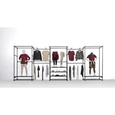 an open display case with clothes and jackets on hangers in front of white background