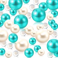 many different colored pearls are scattered around the white one in the middle is blue and there is no image here to provide a caption