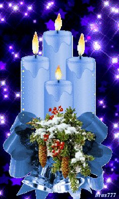 three blue candles with pine cones and berries on them in front of purple background, surrounded by snowflakes