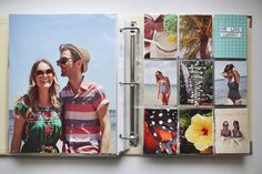 an open photo book with pictures of people on the beach and in the background, there is a man and woman