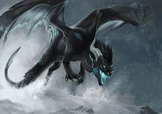 a black dragon flying through the air with its wings spread out and it's eyes open