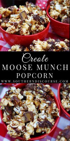 chocolate moose munch popcorn in red bowls on a checkered tablecloth with text overlay