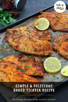 some fish on a tray with lemons and parsley next to the words simple & delicious baked tiliya recipe