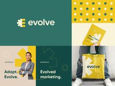 the logos for evolve, an advertising and marketing company are shown in three different colors