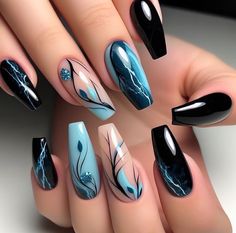 Acotar Nail Art, Black And Blue Nail Designs, Fancy Nails Designs, Black Nail, Nail Art Hacks, Nail Designs Spring, Fancy Nails, Artificial Nails, Acrylic Nail Designs