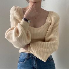 Knit Sweater Puffy Sleeve Cardigan Y2k, Chique Outfit, Beige Pullover, Tight Sweater, Puff Sleeve Sweater, Estilo Chic, Sleeves Clothing, Knitting Women Sweater, Long Puff Sleeves