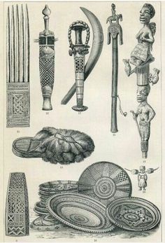 an old book with different types of items on the page, including vases and other decorative objects