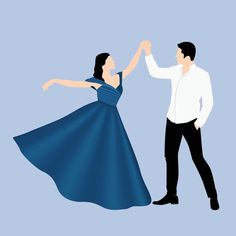 a man and woman are dancing together in blue dresses, one is holding the other's hand