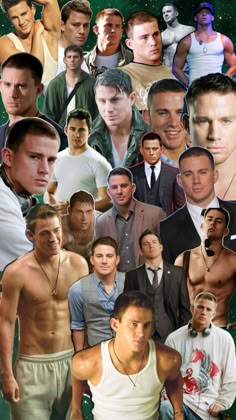 a collage of men with different facial expressions and body parts, including one man's shirtless torso