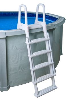 an above ground swimming pool with ladders