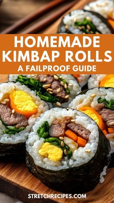 homemade kimbap rolls with carrots and green beans on a wooden cutting board