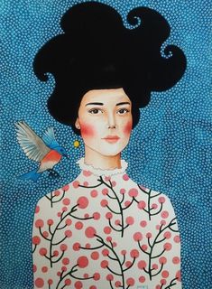 a painting of a woman with black hair and a bird on her shoulder, against a blue background