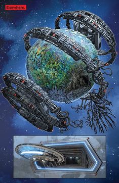 an image of a sci - fi space station with the earth in it's center