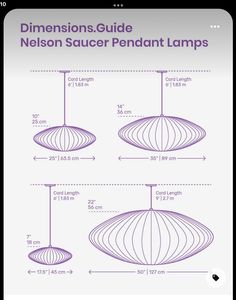 the dimensions guide for nelson saucer pendant lamps is shown in purple and features measurements