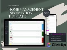 the home management information template is displayed next to an ipad and tablet with it's screen