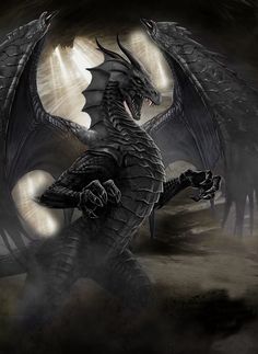 a large black dragon standing on top of a dirt field