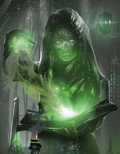 a digital painting of a wizard holding a glowing green light in her hands with the words witch on it