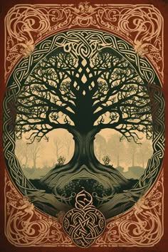 the tree of life is depicted in this intricately designed poster, which features celtic symbols