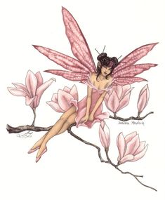 a drawing of a fairy sitting on a branch with pink flowers