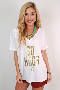 Gold Distressed GO HOGS V-Neck Tee Arkansas Razorbacks, Gifts For My Wife, Vinyl Projects, Party Shirts